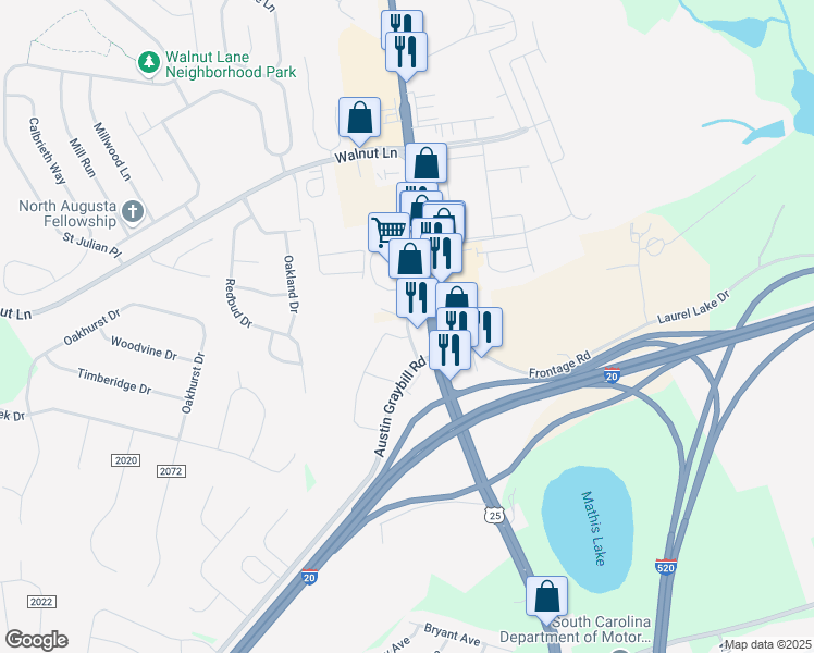 map of restaurants, bars, coffee shops, grocery stores, and more near Market Plaza Drive in North Augusta