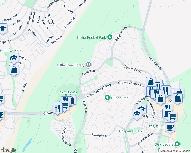 map of restaurants, bars, coffee shops, grocery stores, and more near 78 Dawnwood in Ladera Ranch