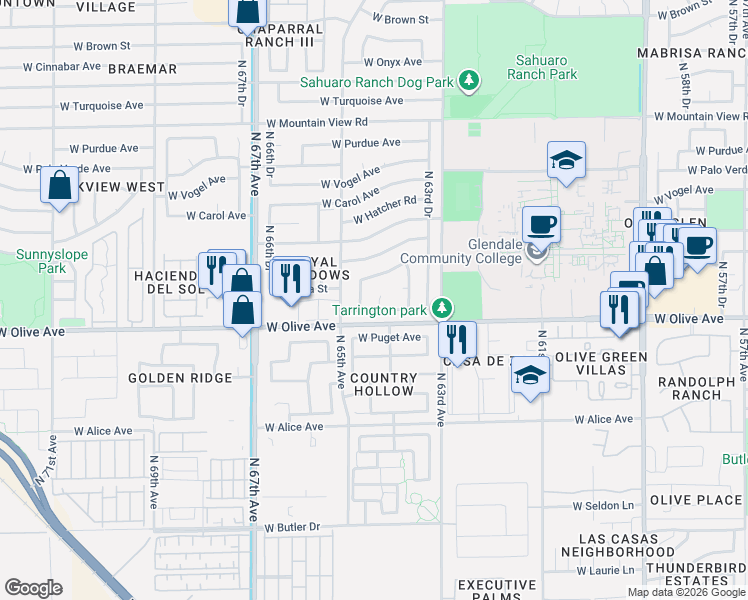 map of restaurants, bars, coffee shops, grocery stores, and more near 9032 North 64th Drive in Glendale
