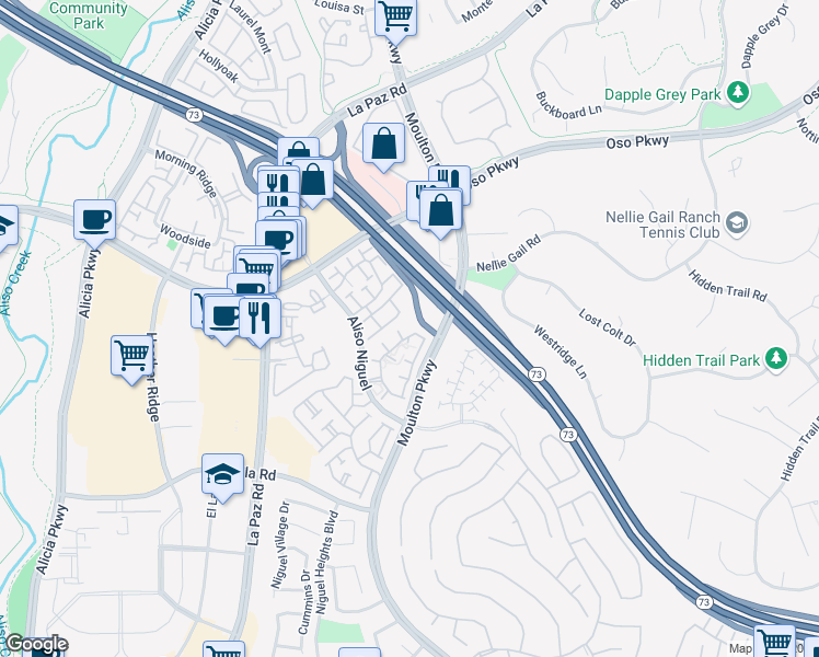 map of restaurants, bars, coffee shops, grocery stores, and more near 24491 Mozer Drive in Laguna Niguel