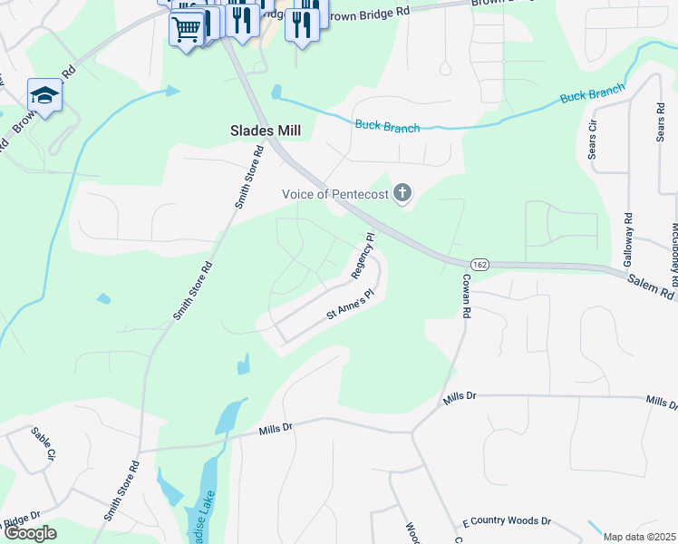 map of restaurants, bars, coffee shops, grocery stores, and more near 40 Begonia Court in Covington