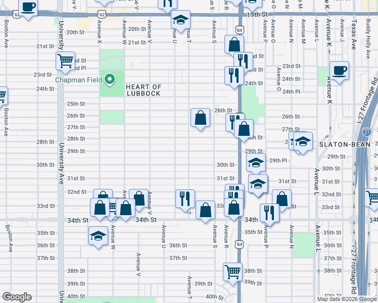 map of restaurants, bars, coffee shops, grocery stores, and more near 1920 29th Street in Lubbock