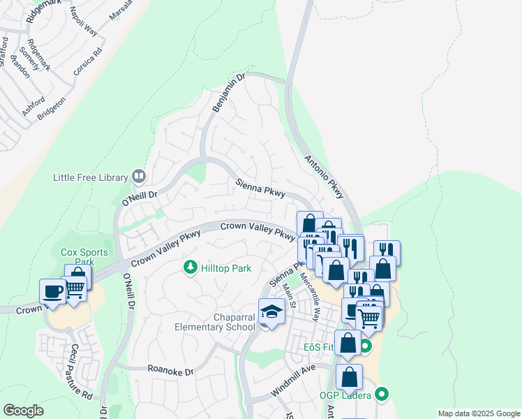 map of restaurants, bars, coffee shops, grocery stores, and more near 23 Half Moon Trail in Ladera Ranch