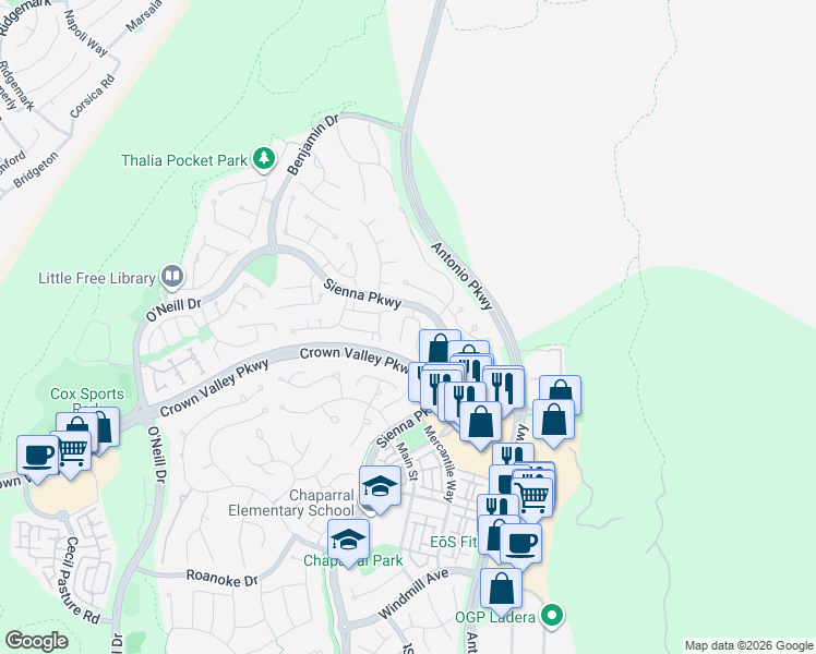 map of restaurants, bars, coffee shops, grocery stores, and more near 16 Skywood Street in Ladera Ranch