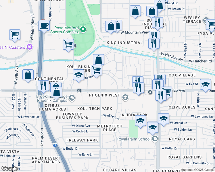 map of restaurants, bars, coffee shops, grocery stores, and more near 2222 West Dunlap Avenue in Phoenix