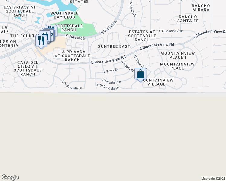 map of restaurants, bars, coffee shops, grocery stores, and more near 10510 East Bella Vista Drive in Scottsdale