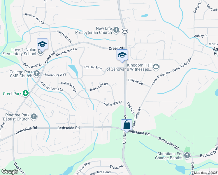map of restaurants, bars, coffee shops, grocery stores, and more near 2460 Ravencliff Road in College Park