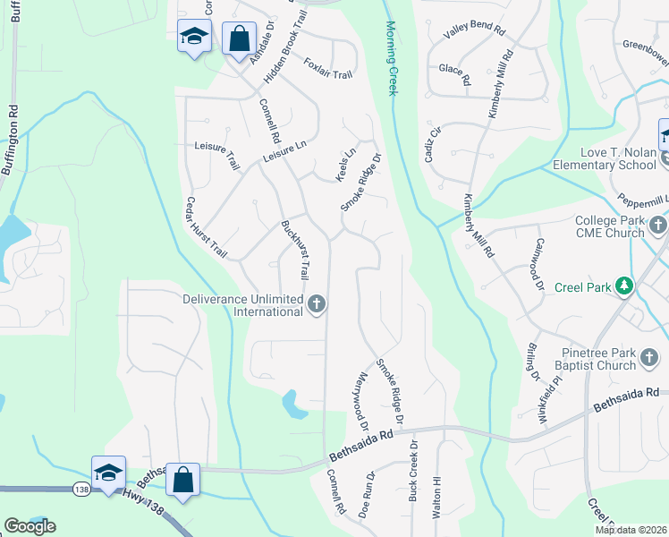 map of restaurants, bars, coffee shops, grocery stores, and more near 6630 Connell Road in Fairburn