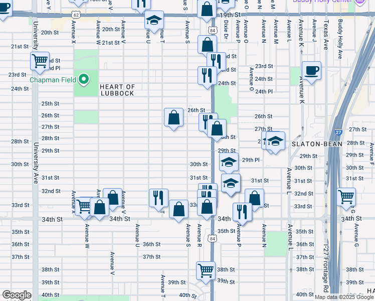 map of restaurants, bars, coffee shops, grocery stores, and more near 2899 Avenue S in Lubbock