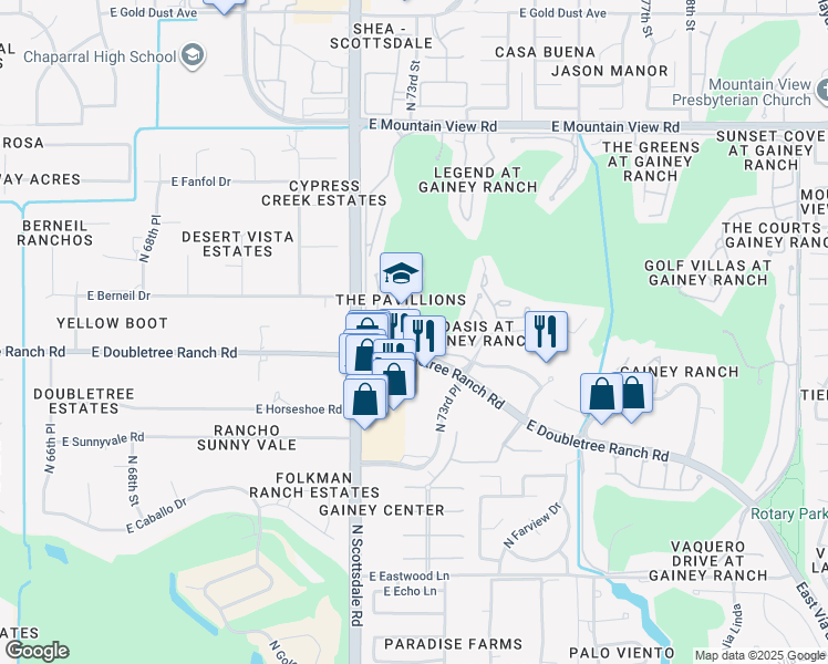 map of restaurants, bars, coffee shops, grocery stores, and more near 7272 East Gainey Ranch Road in Scottsdale