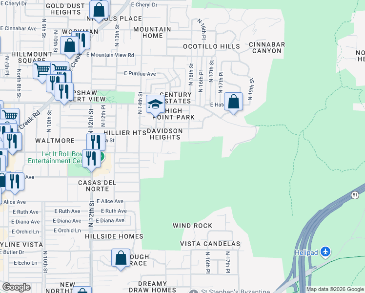 map of restaurants, bars, coffee shops, grocery stores, and more near 9026 North 16th Street in Phoenix