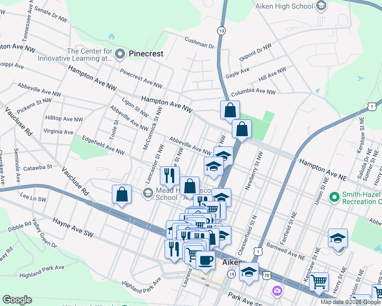 map of restaurants, bars, coffee shops, grocery stores, and more near 501 Abbeville Avenue Northwest in Aiken