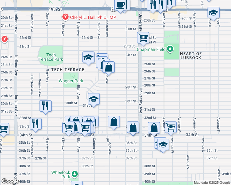 map of restaurants, bars, coffee shops, grocery stores, and more near 2615 28th Street in Lubbock