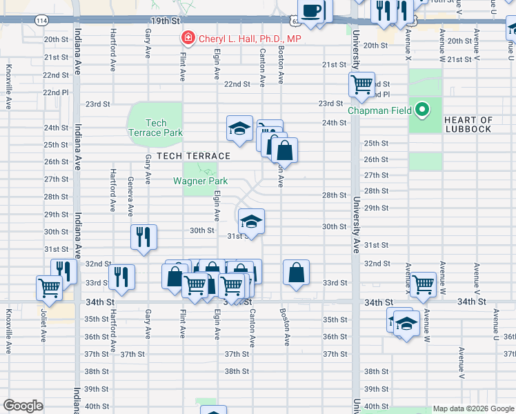 map of restaurants, bars, coffee shops, grocery stores, and more near 2720 29th Street in Lubbock