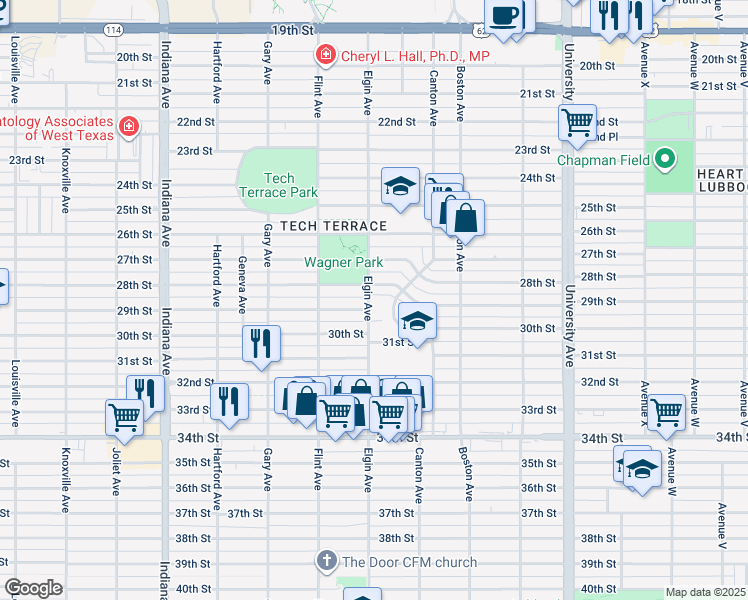 map of restaurants, bars, coffee shops, grocery stores, and more near 2811 28th Street in Lubbock