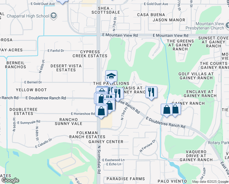 map of restaurants, bars, coffee shops, grocery stores, and more near 7272 East Gainey Ranch Road in Scottsdale