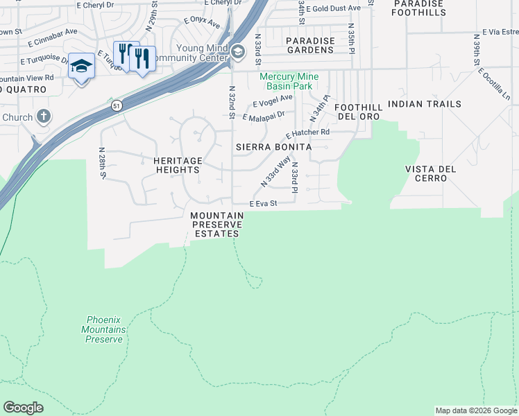 map of restaurants, bars, coffee shops, grocery stores, and more near 3316 East Eva Street in Phoenix