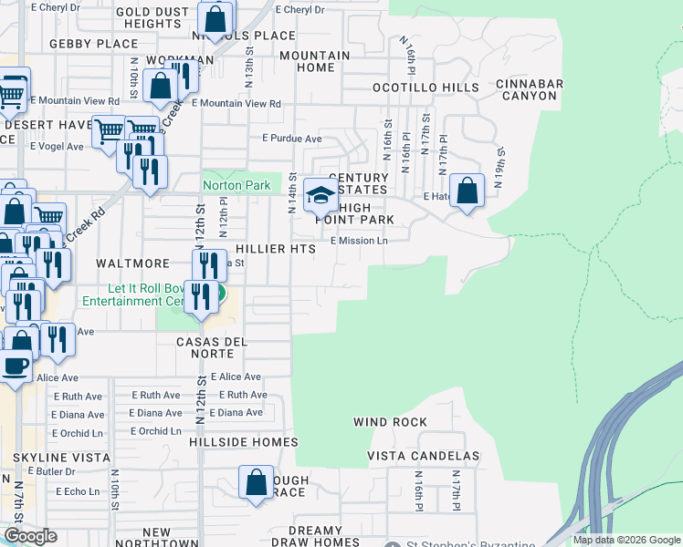 map of restaurants, bars, coffee shops, grocery stores, and more near 9025 North 15th Street in Phoenix