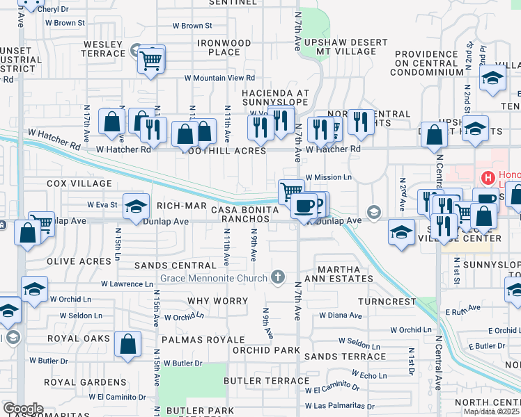 map of restaurants, bars, coffee shops, grocery stores, and more near 922 West Mission Lane in Phoenix