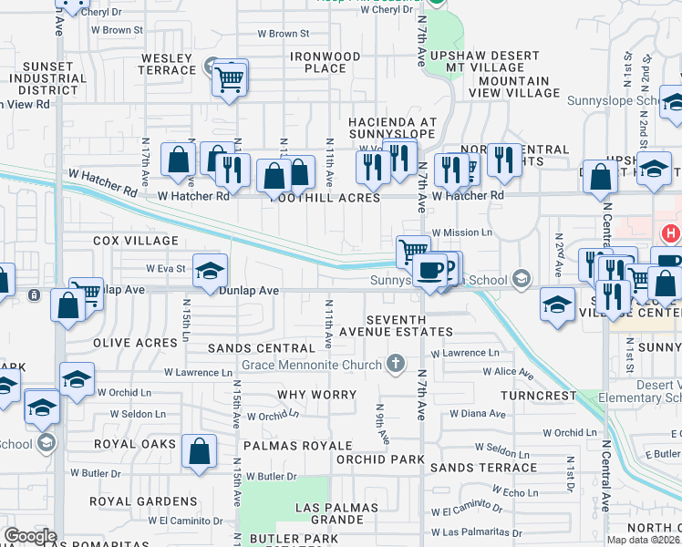 map of restaurants, bars, coffee shops, grocery stores, and more near 1016 West Mission Lane in Phoenix