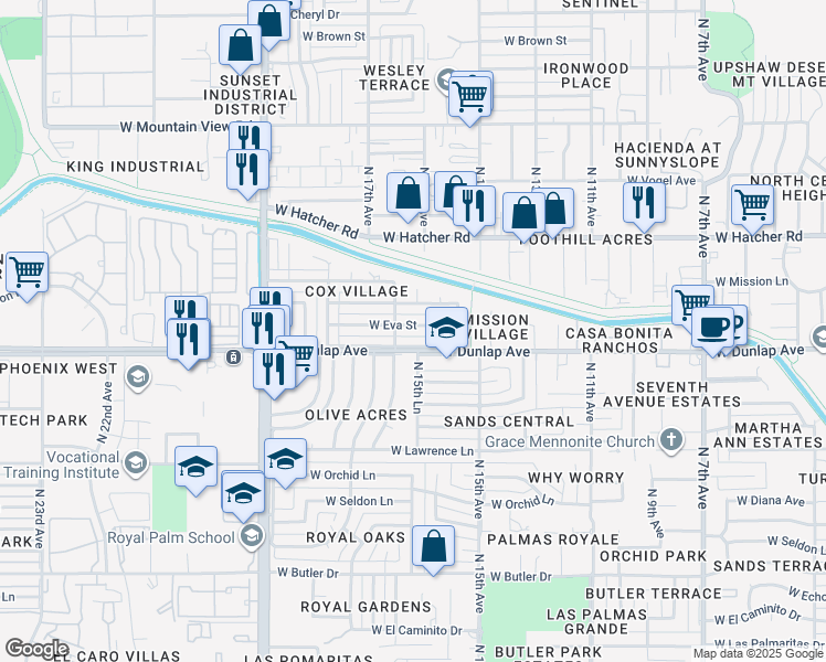 map of restaurants, bars, coffee shops, grocery stores, and more near 1602 West Eva Street in Phoenix