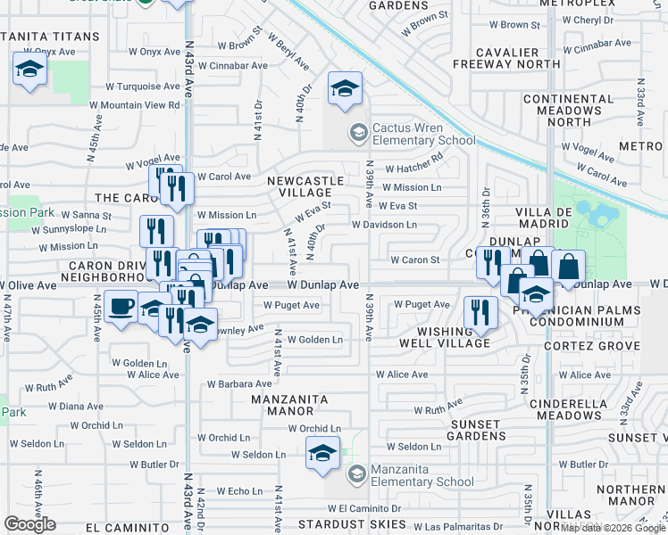map of restaurants, bars, coffee shops, grocery stores, and more near 3940 West Caron Street in Phoenix