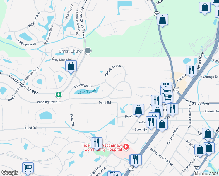 map of restaurants, bars, coffee shops, grocery stores, and more near 15 Saltwind Loop in Murrells Inlet