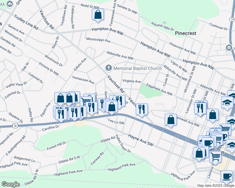 map of restaurants, bars, coffee shops, grocery stores, and more near 3000 Mohawk Drive in Aiken