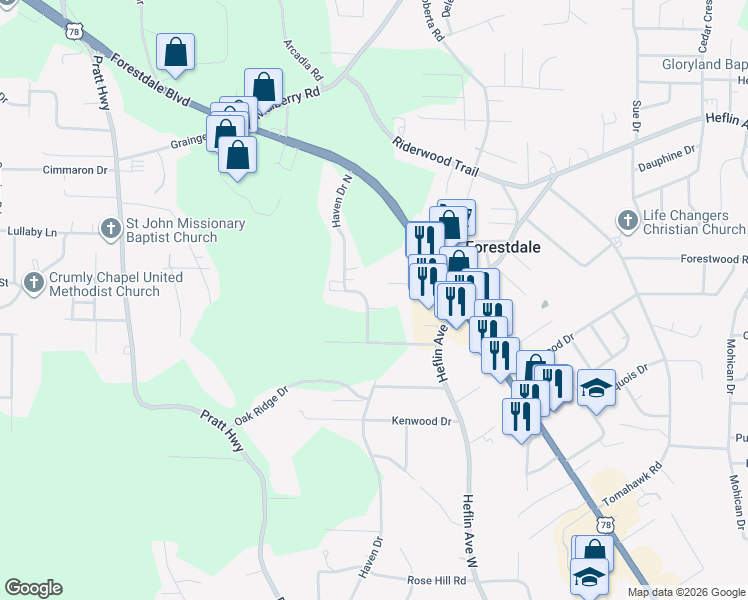 map of restaurants, bars, coffee shops, grocery stores, and more near 1599 Haven Drive North in Birmingham