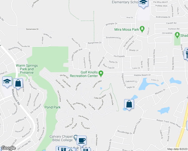 map of restaurants, bars, coffee shops, grocery stores, and more near 38029 Calle De Amor in Murrieta