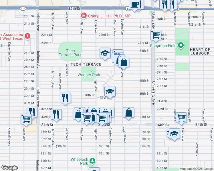 map of restaurants, bars, coffee shops, grocery stores, and more near 2720 29th Street in Lubbock