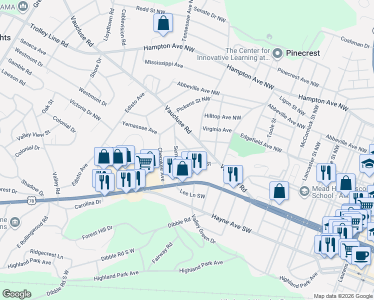 map of restaurants, bars, coffee shops, grocery stores, and more near 3000 Mohawk Drive in Aiken