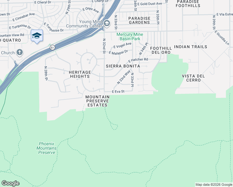 map of restaurants, bars, coffee shops, grocery stores, and more near 3316 East Eva Street in Phoenix