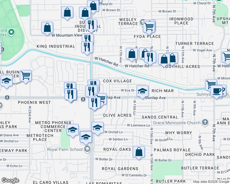 map of restaurants, bars, coffee shops, grocery stores, and more near 1748 West Eva Street in Phoenix