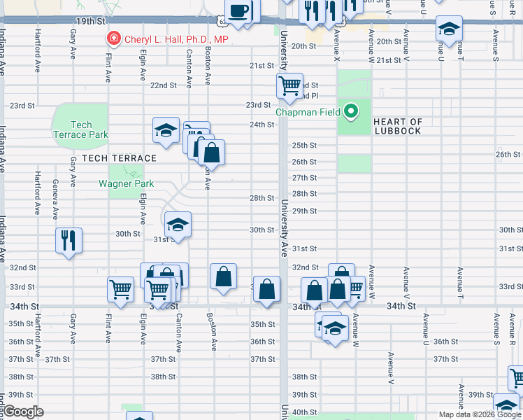 map of restaurants, bars, coffee shops, grocery stores, and more near 2601 28th Street in Lubbock