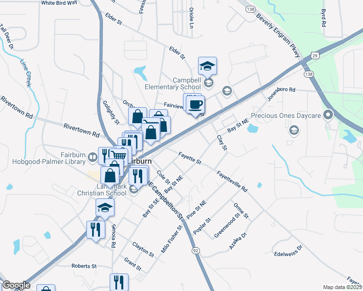 map of restaurants, bars, coffee shops, grocery stores, and more near 141 Northeast Broad Street in Fairburn