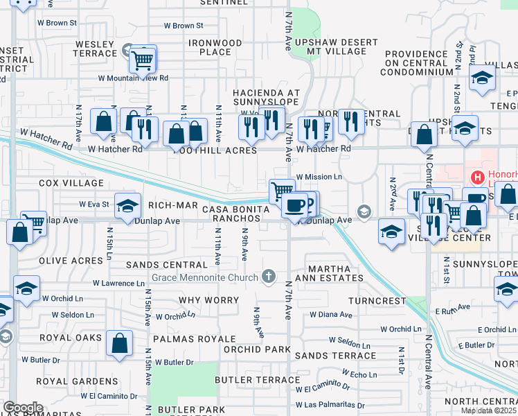 map of restaurants, bars, coffee shops, grocery stores, and more near 922 West Mission Lane in Phoenix