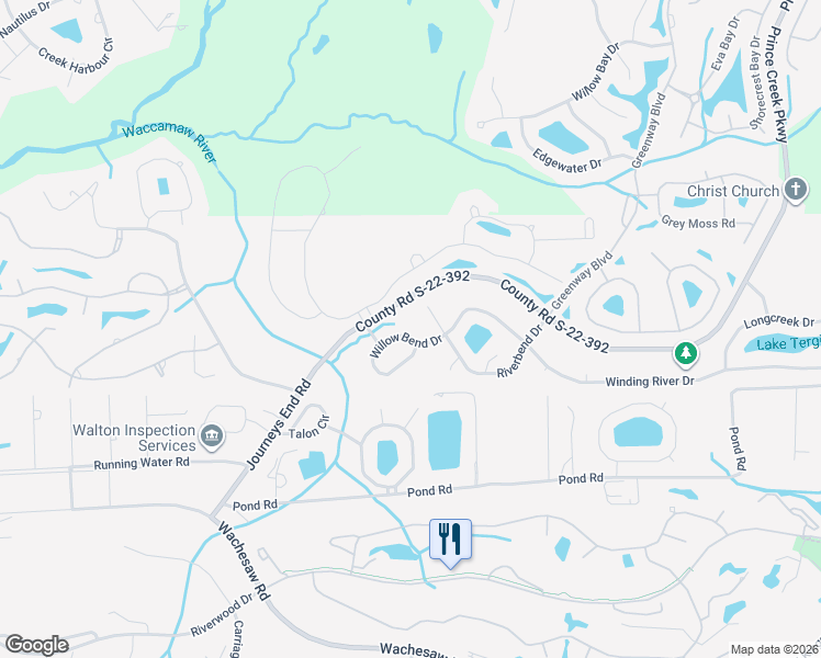 map of restaurants, bars, coffee shops, grocery stores, and more near 20 Willow Bend Drive in Murrells Inlet