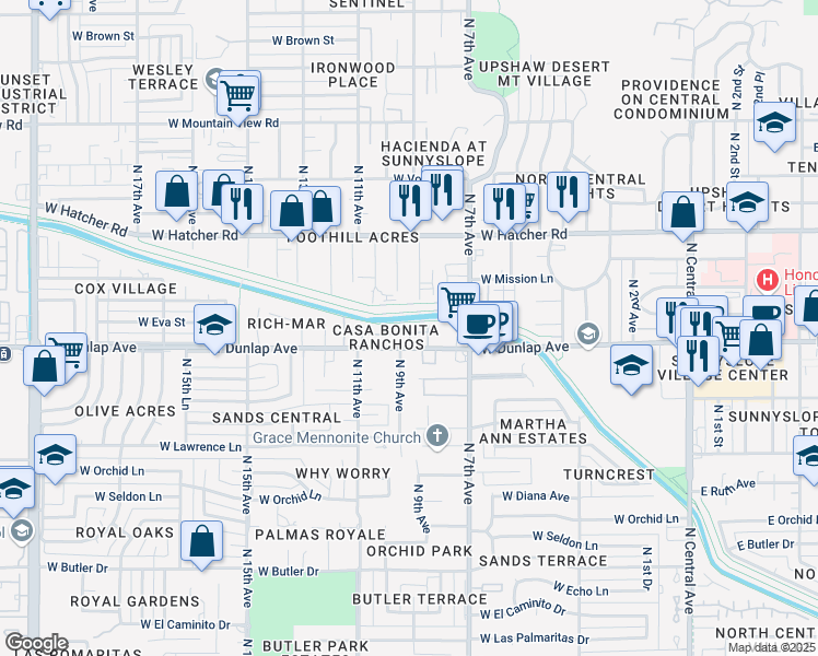 map of restaurants, bars, coffee shops, grocery stores, and more near 922 West Mission Lane in Phoenix