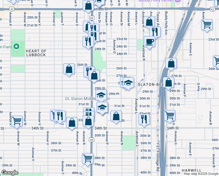 map of restaurants, bars, coffee shops, grocery stores, and more near 1525 29th Street in Lubbock