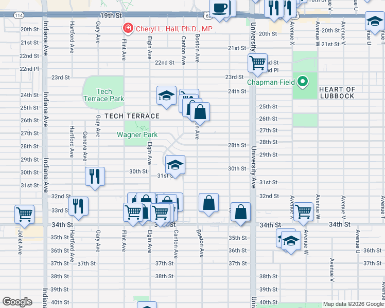 map of restaurants, bars, coffee shops, grocery stores, and more near 2704 29th Street in Lubbock