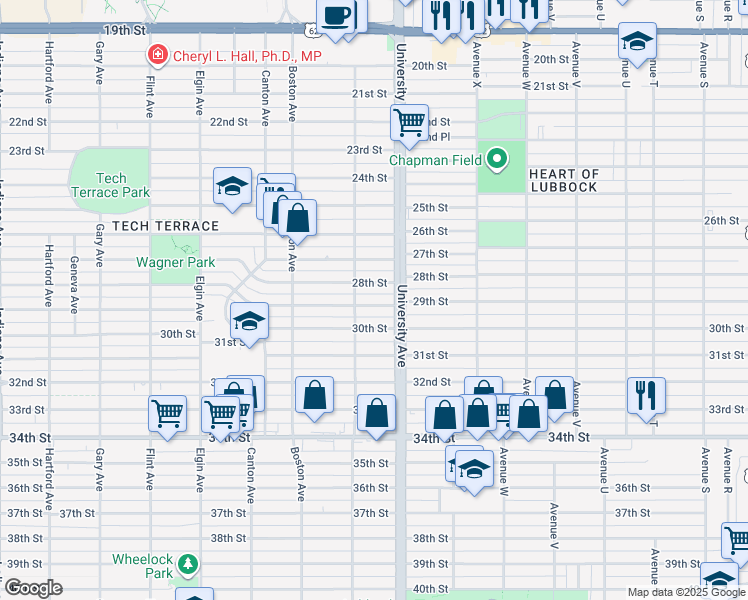 map of restaurants, bars, coffee shops, grocery stores, and more near 2505 28th Street in Lubbock