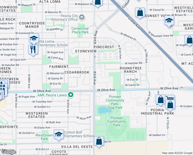 map of restaurants, bars, coffee shops, grocery stores, and more near 9201 North 83rd Avenue in Peoria