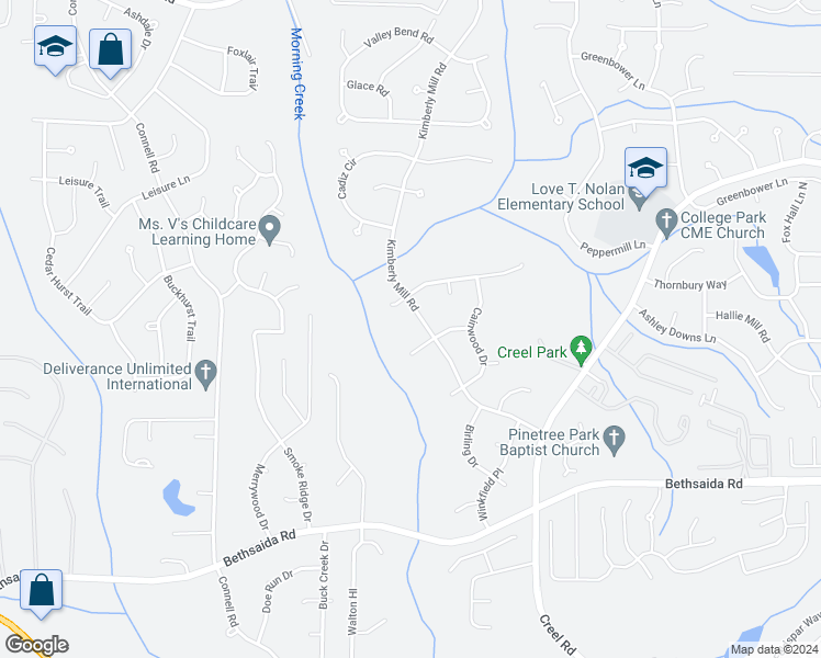 map of restaurants, bars, coffee shops, grocery stores, and more near 6865 Kimberly Mill Road in College Park