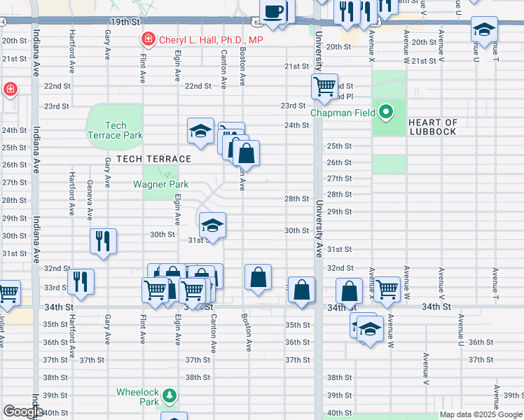map of restaurants, bars, coffee shops, grocery stores, and more near 2615 28th Street in Lubbock