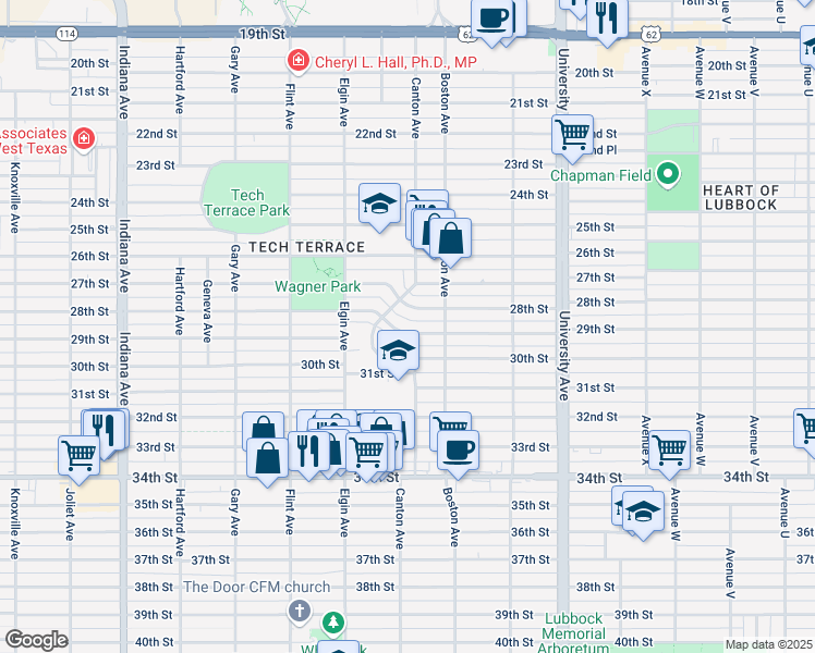 map of restaurants, bars, coffee shops, grocery stores, and more near 2720 29th Street in Lubbock