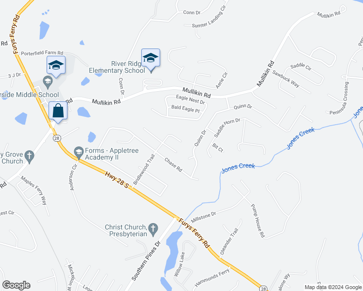 map of restaurants, bars, coffee shops, grocery stores, and more near 4160 Bridlewood Trail in Evans