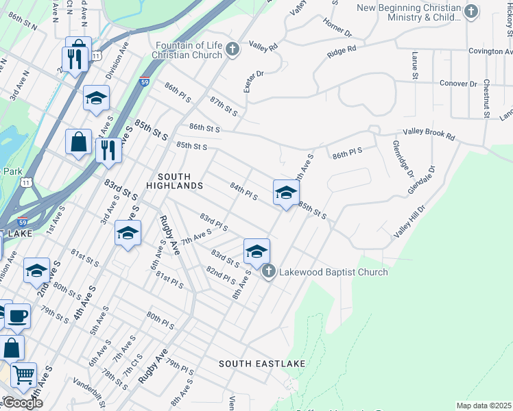map of restaurants, bars, coffee shops, grocery stores, and more near 724 84th Place South in Birmingham