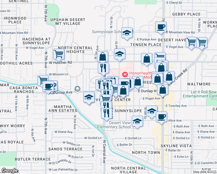 map of restaurants, bars, coffee shops, grocery stores, and more near in Phoenix