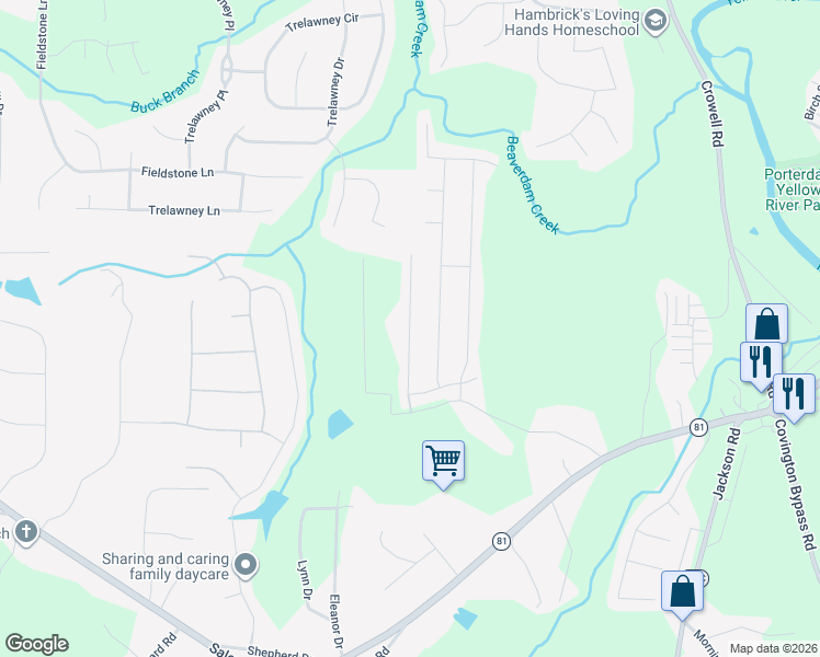 map of restaurants, bars, coffee shops, grocery stores, and more near Betty Ann Lane in Covington